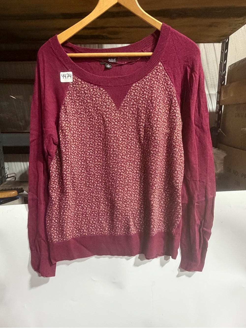 #4474- a.n.a Women's Burgundy Scoop Neck Patterned Knit Sweater